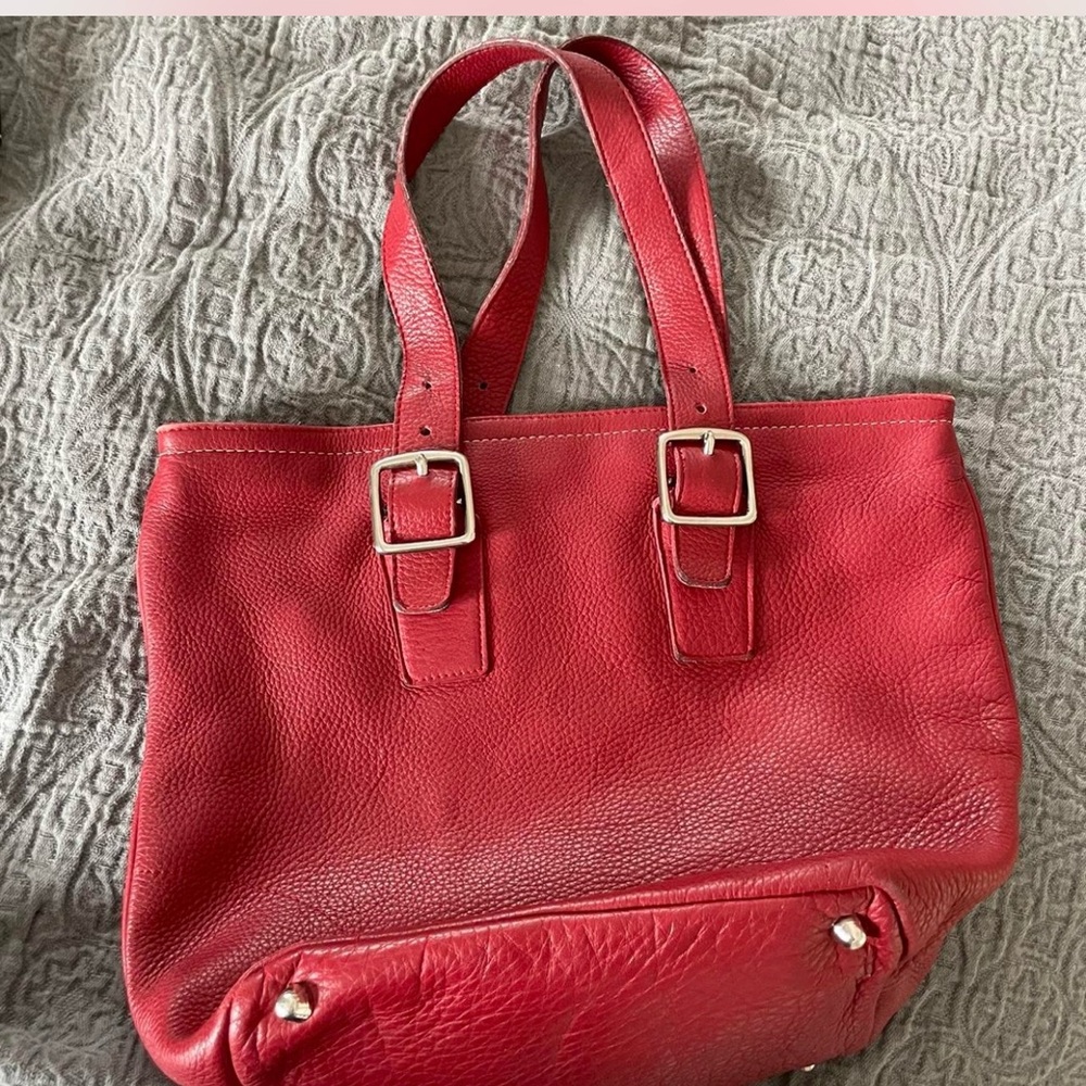 Coach Red Leather Tote with Silver Buckle Details